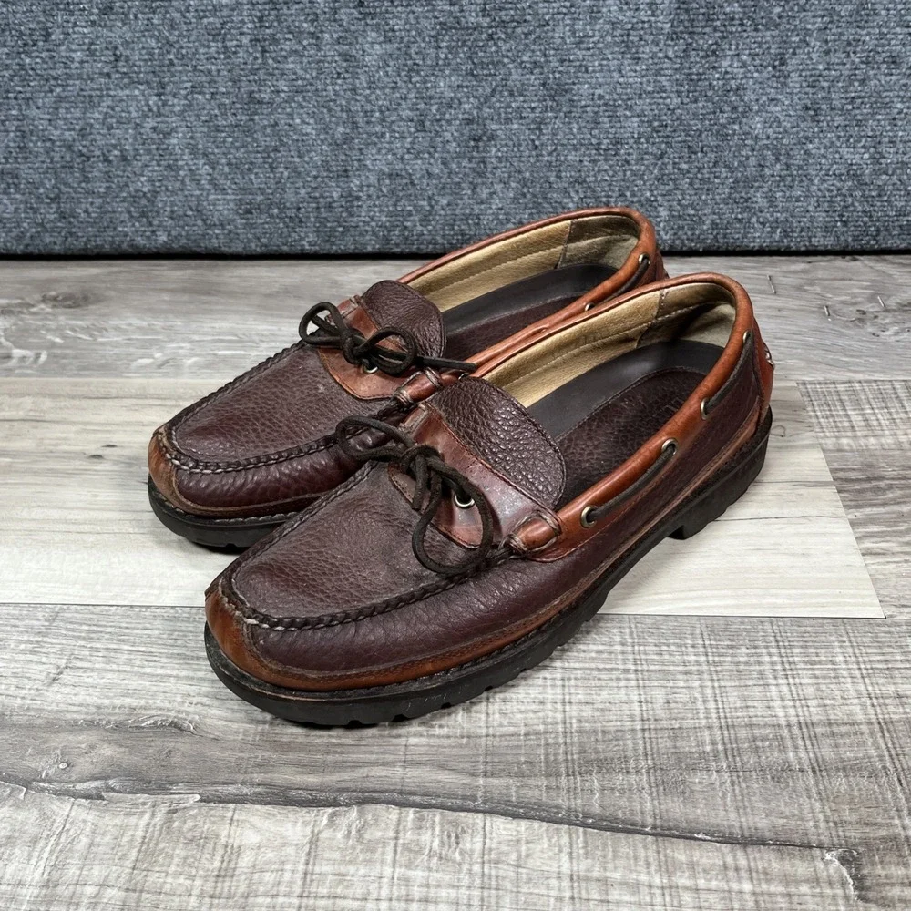 L.L. Bean Allagash Mens 10 D Bison Leather Boat Shoes Slip-On Mock‎ Toe 273080